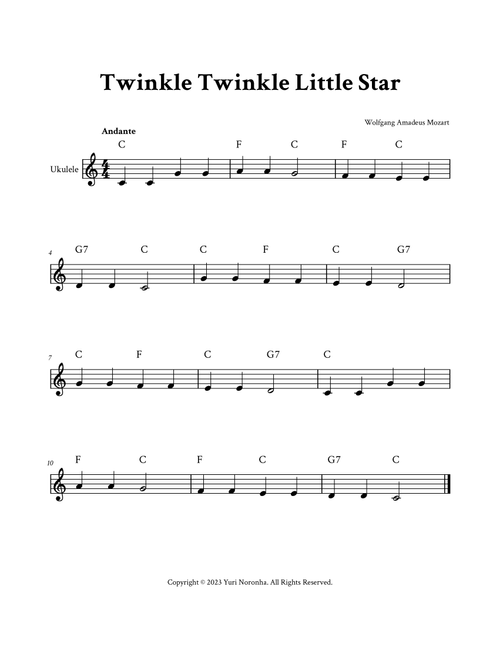 Twinkle Twinkle Little Star - For Ukulele (C Major - with Chords) (Arr. Yuri Noronha) - Wolfgang Amadeus Mozart (Instrumental Solo)