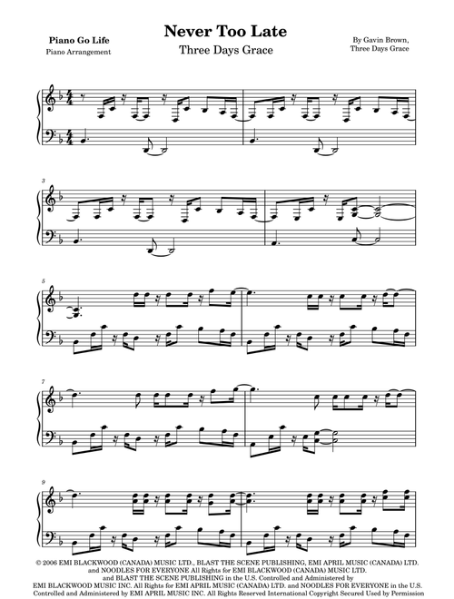 Never Too Late (Arr. Piano Go Life) - Three Days Grace (Piano Solo)