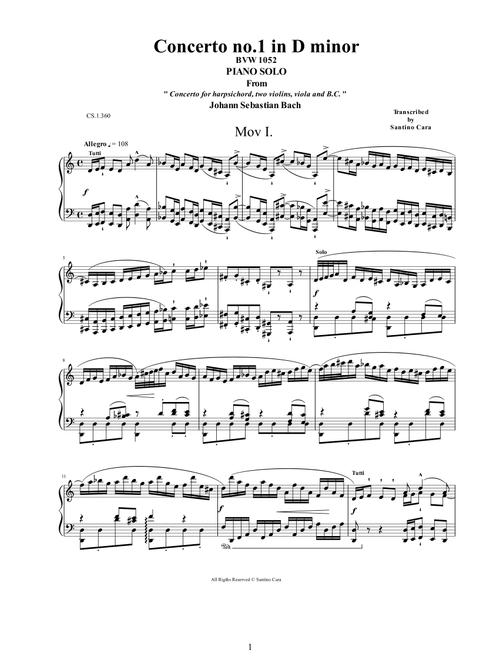 J.S.Bach - Concerto no.1 in D minor BWV1052 -1 Allegro - Piano version (Arr. Santino Cara) - Bach Johann Sebastian (Piano Solo)
