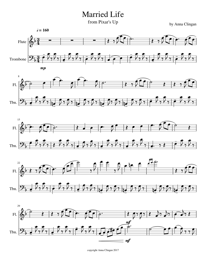 Married Life Sheet music for Trombone, Flute (Mixed Duet)