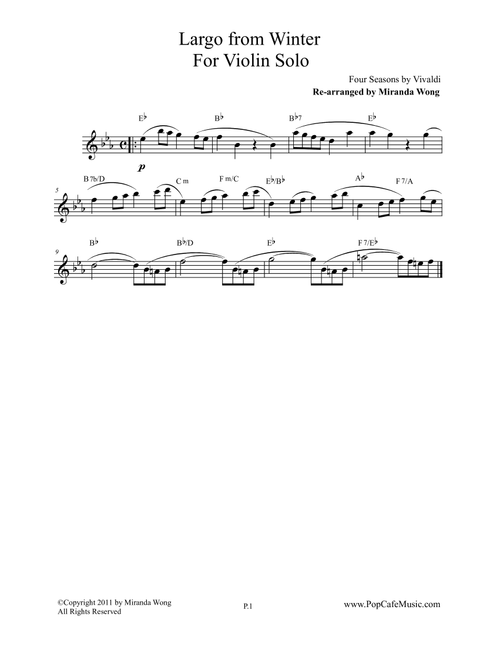 Largo from Winter (Four Seasons) - Lead Sheet for Violin / Flute Solo (Arr. Miranda Wong) - Vivaldi (Instrumental Duet and Piano)