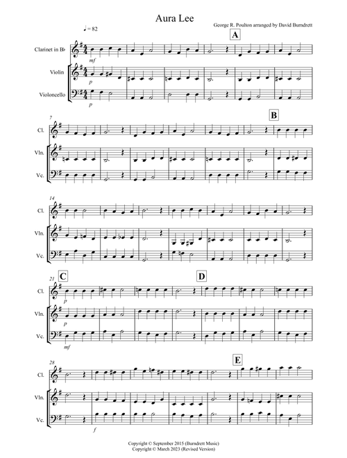 Aura Lee for Clarinet, Violin and Cello Trio (Arr. David Burndrett) - George R. Poulton (Small Ensemble)