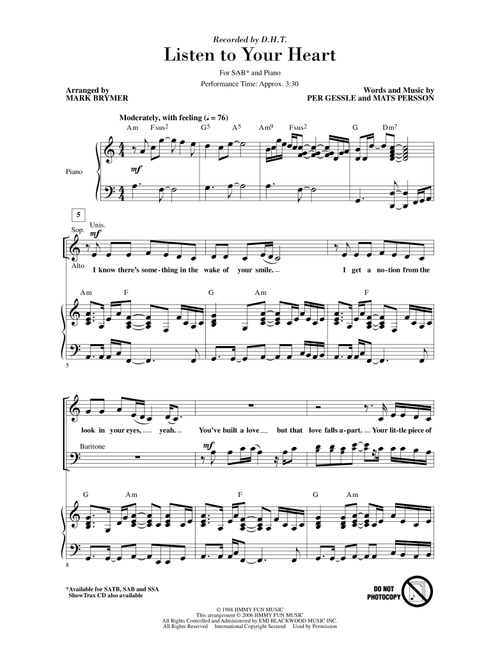 Listen To Your Heart (Arr. Mark Brymer) - Roxette (Choral, SAB)