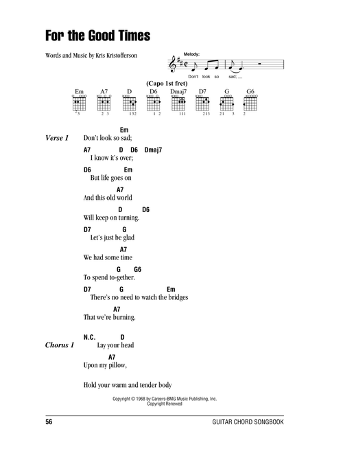 For The Good Times - Ray Price, Elvis Presley, Kris Kristofferson (Guitar Chords-Lyrics)