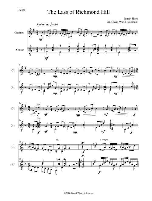 Lass of Richmond Hill for clarinet and guitar (Arr. David Warin Solomons) - James Hook (Instrumental Duet)