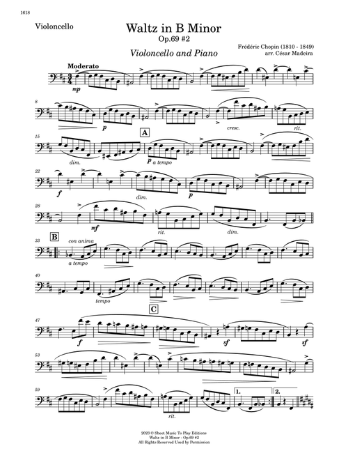 Waltz Op.69 No.2 in B Minor by Chopin - Cello and Piano (Individual Parts) (Arr. César Madeira) - Frederic Chopin (Clarinet and Piano)