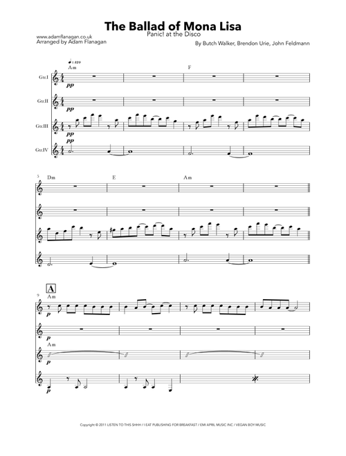 The Ballad Of Mona Lisa (Arr. Adam Flanagan) - Brendon Urie, Butch Walker, John Feldmann (Guitar Ensemble)