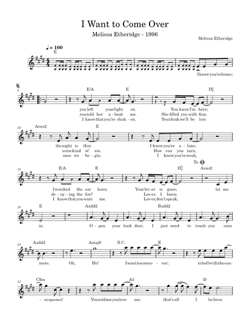 I want to come over – Melissa Etheridge (Lead sheet with lyrics)