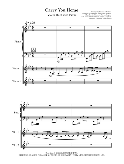 Carry You Home – Alex Warren for Violin Duet and Piano Accompaniment