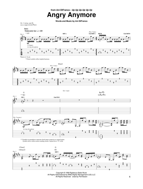 Angry Anymore - Ani DiFranco (Guitar Tab)
