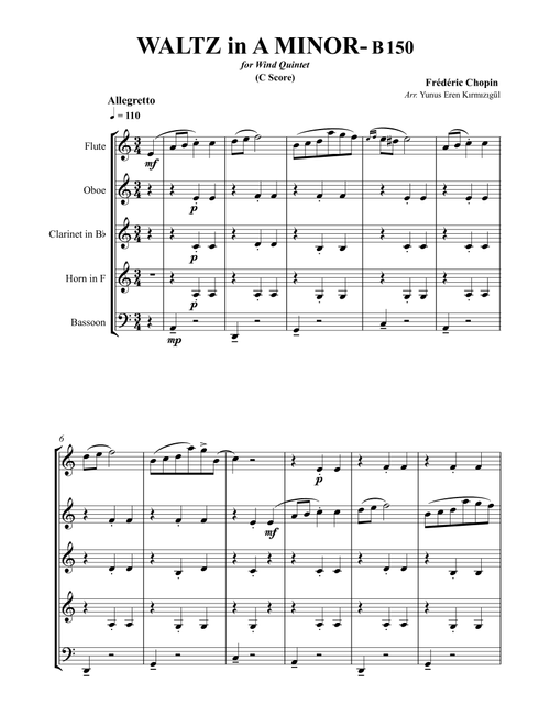 Chopin Waltz in A Minor- B150 for Wind Quintet (Arr. Yunus Eren Kırmızıgül) - Frédéric Chopin (Woodwind Ensemble)