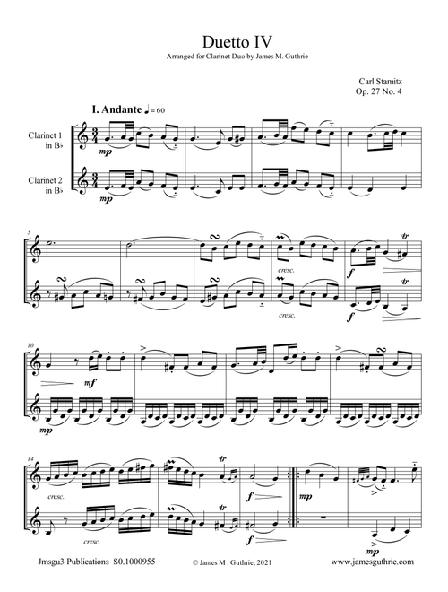 Stamitz: Duet Op. 27 No. 4 for Clarinet Duo (Arr. James M. Guthrie) - Carl Stamitz (Clarinet Duet)