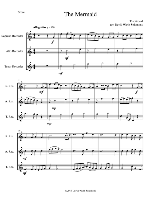 The Mermaid for recorder trio (soprano, alto, tenor) (Arr. David Warin Solomons) - Traditional (Small Ensemble)