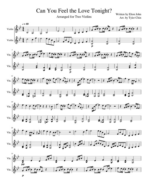 Can You Feel the Love Tonight? - Duet Arranged for Two Violins