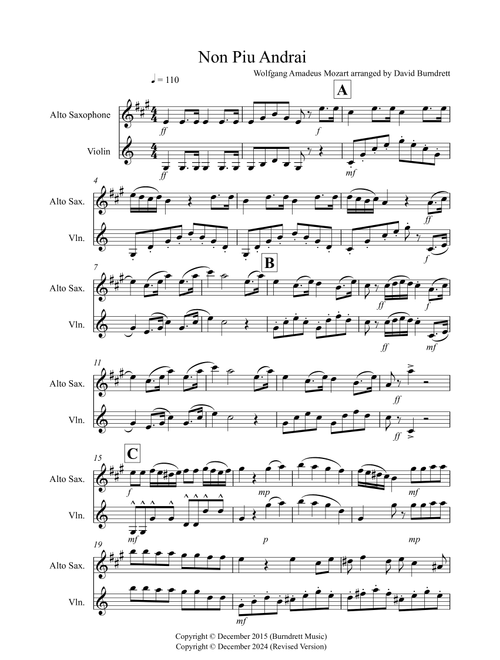 Non Piu Andrai for Alto Saxophone and Violin Duet (Arr. David Burndrett) - Wolfgang Amadeus Mozart (Instrumental Duet)