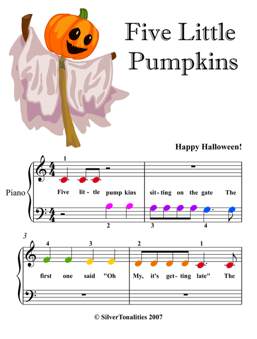 Five Little Pumpkins Beginner Piano Sheet Music with Colored Notes (Arr. SilverTonalities) - Traditional Children's Song (Easy Piano)