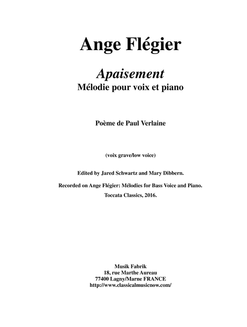 Ange Flégier: Apaisement for low voice and piano (Vocal Solo)