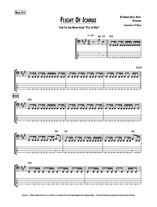 Flight Of Icarus (Arr. P Welsh) - Iron Maiden (Bass Tab)