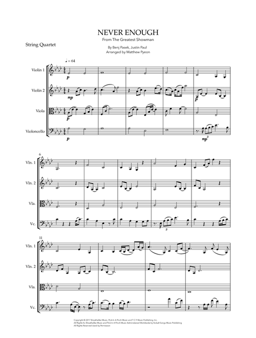 Never Enough (Arr. Matthew pyeon) - Benj Pasek, Justin Paul (String Quartet)
