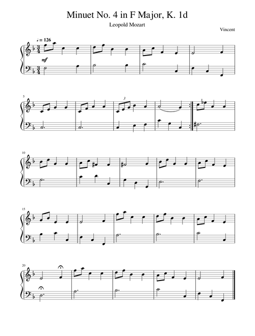 Mozart - Minuet No. 4 in F Major, K. 1d