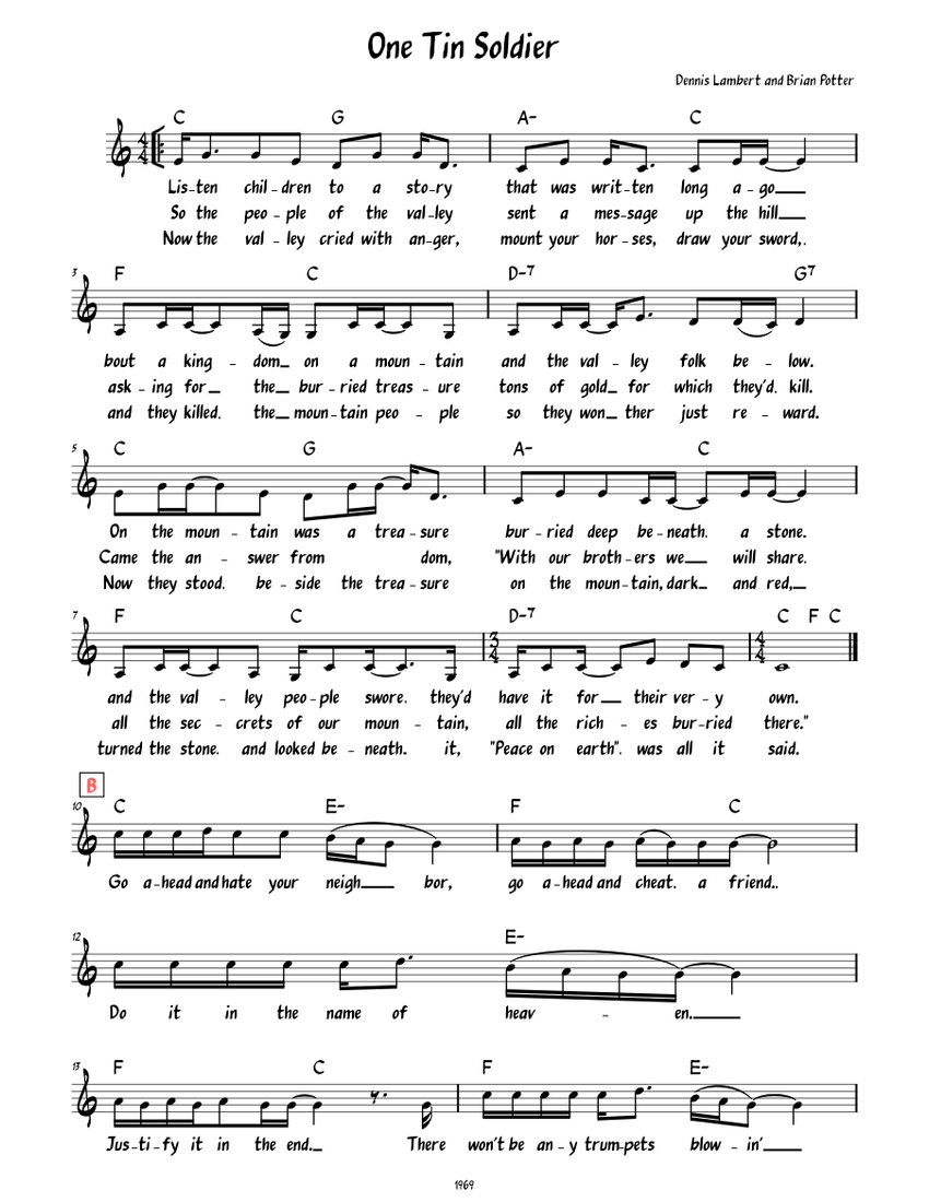 One Tin Soldier (Lead sheet with lyrics ) Sheet music for Piano (Solo