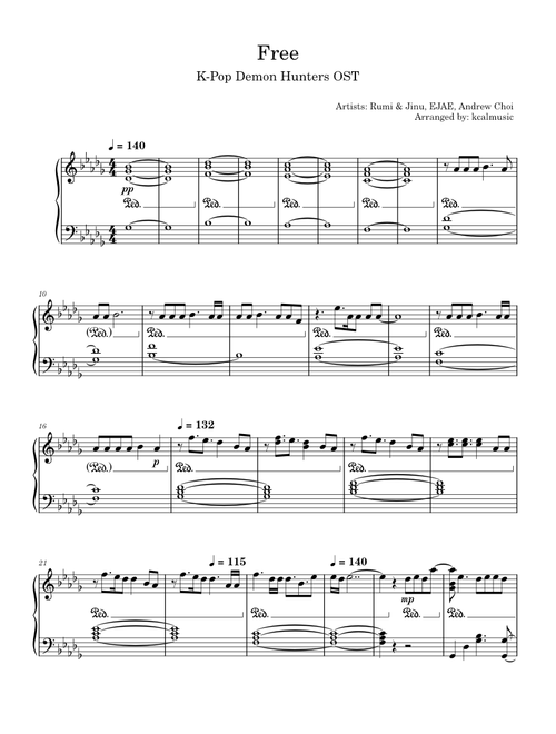 Free (KPOP Demon Hunters) - Rumi & Jinu, Piano arr. sheet music arranged by kcalmusic for Solo