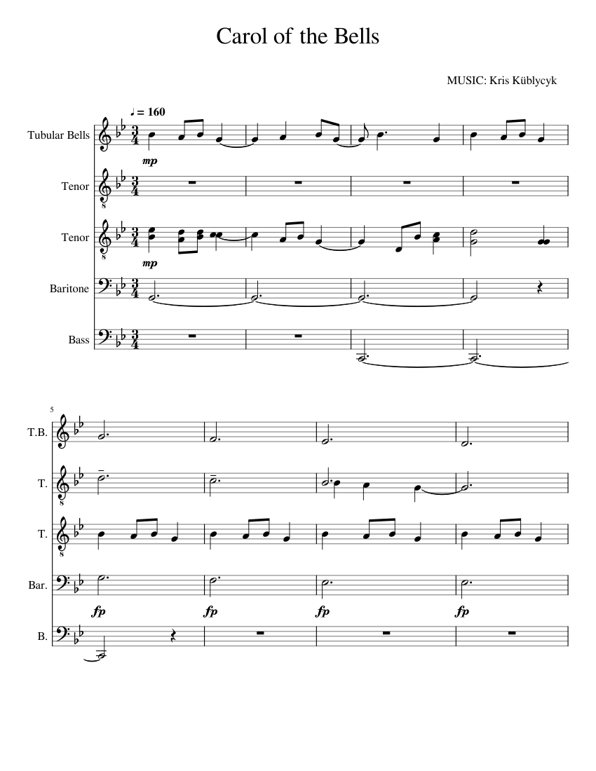 Carol of the Bells Sheet music for Tenor, Bass voice, Baritone, Tubular ...