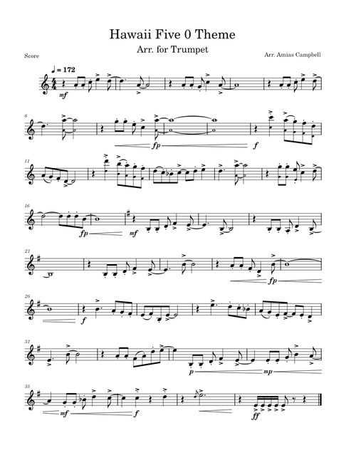 Hawaii Five-0 Theme, Arr. for Trumpet