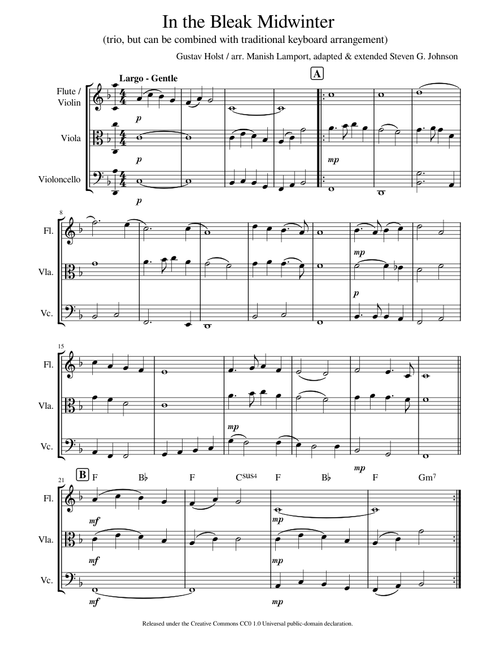 In the bleak midwinter – Gustav Holst - trio for flute/viola/cello