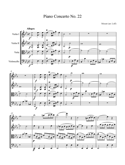 For String Quartet and Piano: Mozart Piano Concerto No. 22, K. 482 - 1st Movement (Arr. Geoffrey Loff) - Wolfgang Amadeus Mozart (Chamber Orchestra)