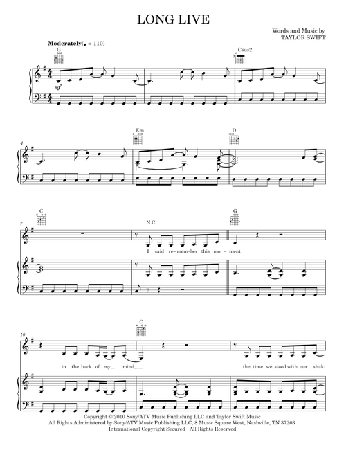 Long live - Taylor Swift (Piano-Vocal-Guitar)