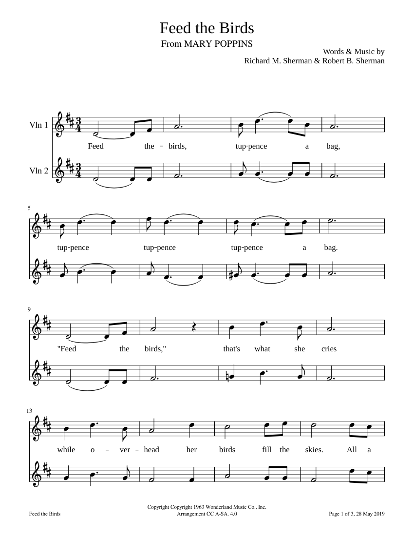 Feed the Birds Sheet music for Violin (String Duet) | Musescore.com