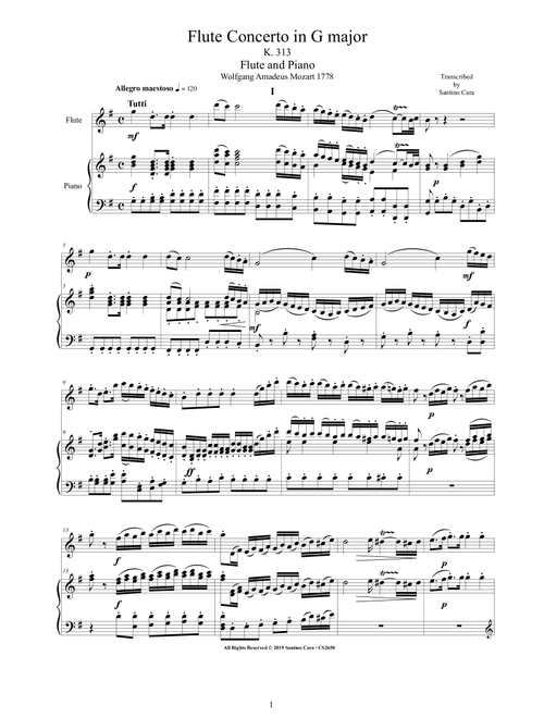Mozart - Flute Concerto  in G major K 313 for Flute and Piano - Score and Part (Arr. Santino Cara) - Mozart Wolfgang Amadeus (Flute and Piano)