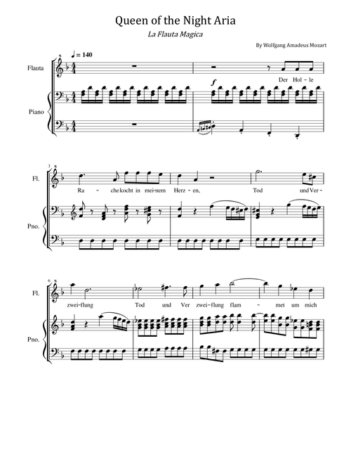 Mozart - Queen of the Night Aria K.620 - La Flauta Magica - For Flute & Piano (Arr. poon) - Wolfgang Amadeus Mozart (Flute and Piano)