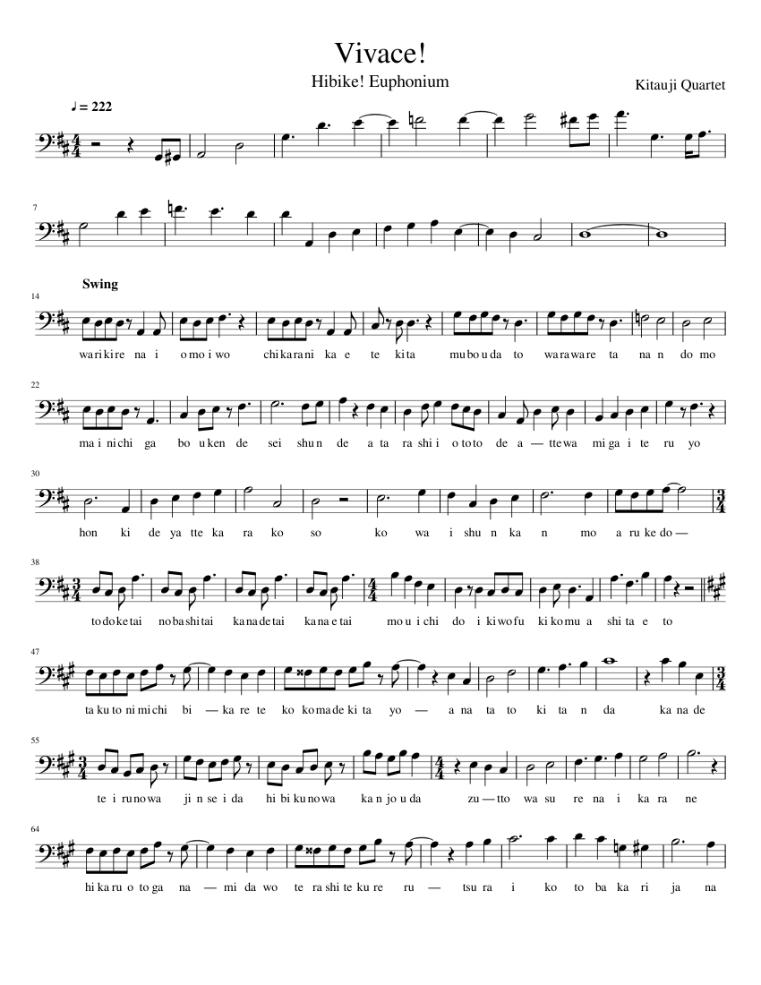 Hibike! Euphonium ED2 - Vivace! (full lyrics, bass clef) Sheet