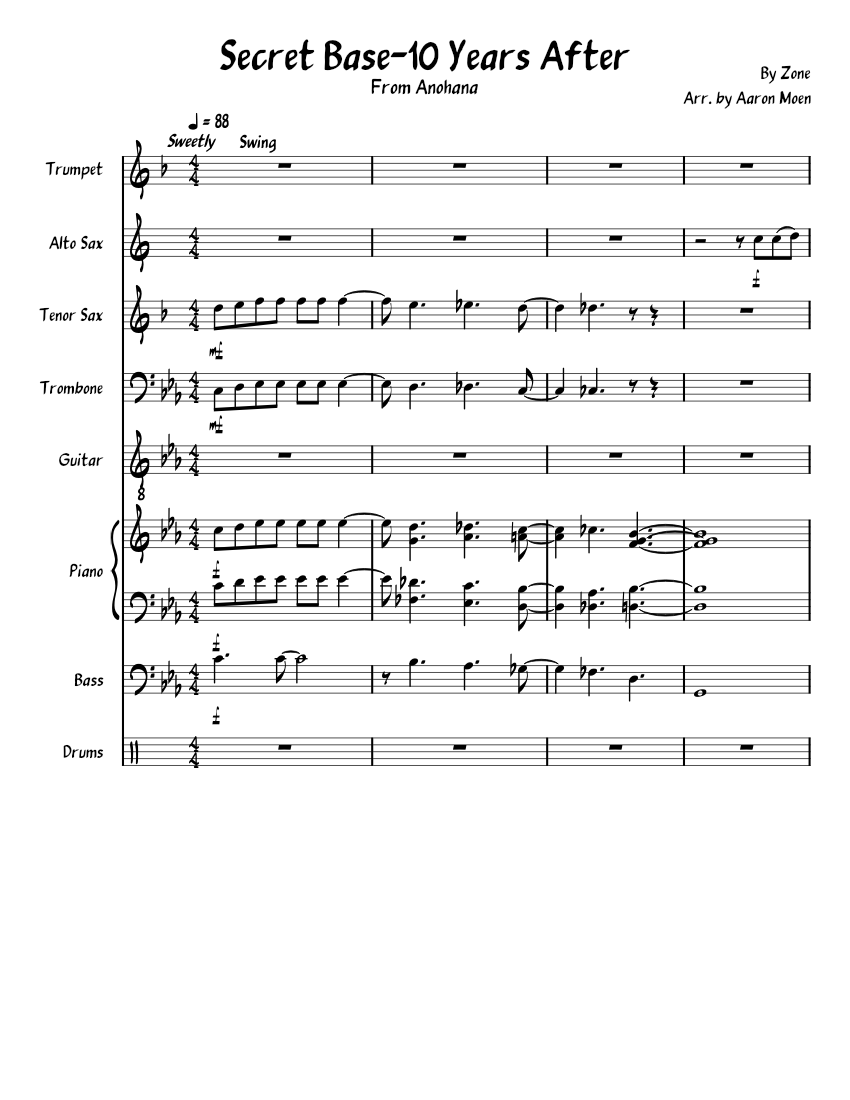 Secret Base-10 Years After Reharm Sheet Music with Chords for Piano ...
