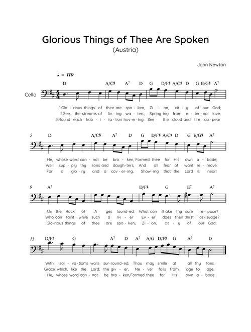 Glorious Things of Thee Are Spoken (Austria) - Cello in D Easy with Chords and Lyrics (Arr. MissoRB) - John Newton (Cello Solo)
