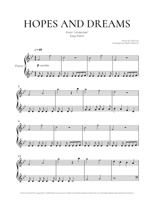 Hopes & Dreams Save The World His Theme (Arr. Pedro Merendi) - Toby Fox (Easy Piano)