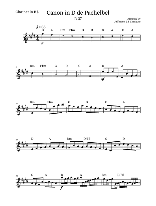 Canon in D – Clarinet with Chords (Easy / Intermediate) – Johann Pachelbel (Arr. Jefferson LS Cassiano) (Clarinet and Piano)