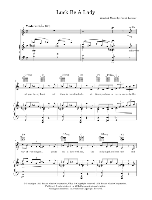 Luck, Be A Lady - Frank Sinatra, Guys And Dolls Musical (Piano-Vocal-Guitar (Piano Accompaniment))