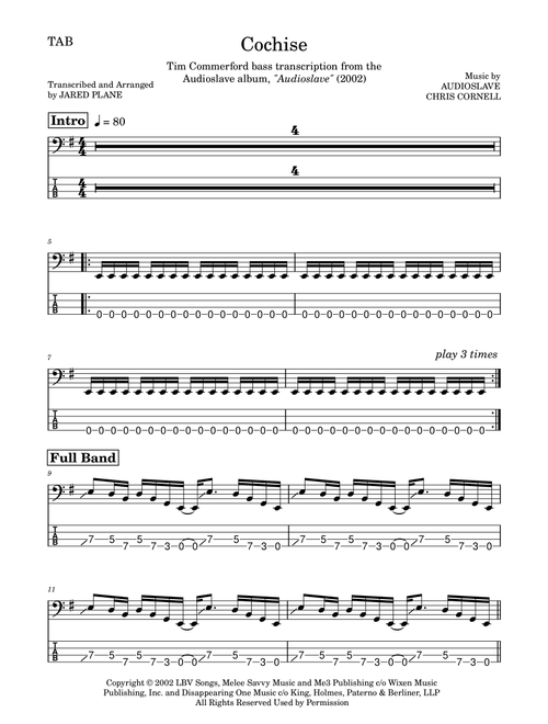 Cochise (Arr. Jared Plane) - Audioslave (Bass Tab)