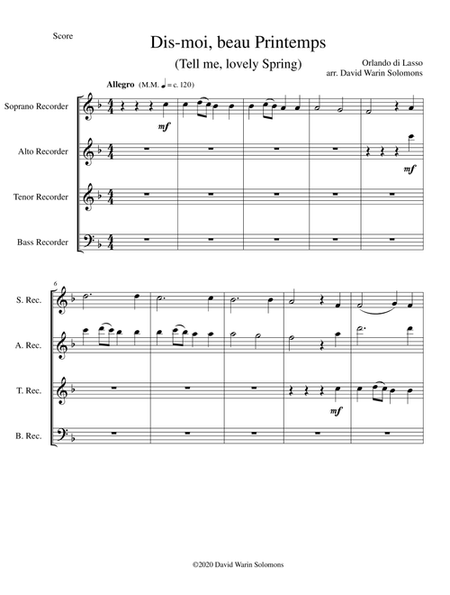 Dis-moi, beau printemps (Tell me, lovely Spring) for recorder quartet (Arr. David Warin Solomons) - Orlando di Lasso (Small Ensemble)