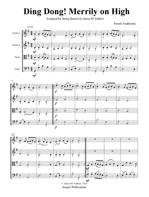 Ding Dong! Merrily on High for String Quartet (Arr. James M. Guthrie) - French Traditional (String Quartet)
