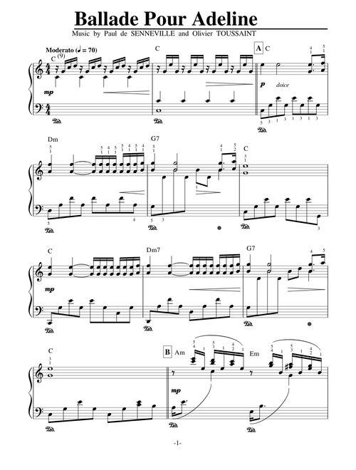Ballade Pour Adeline by Paul de Senneville arranged Richard Clayderman for Piano