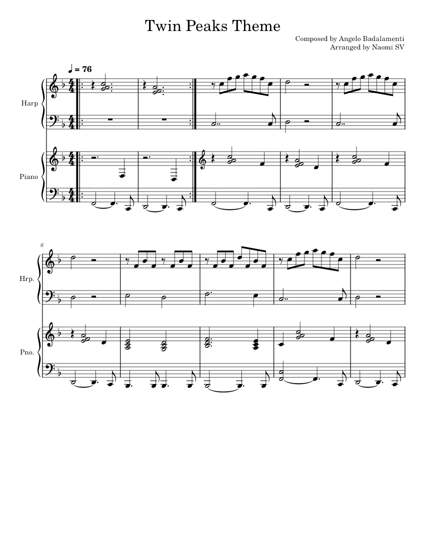Twin Peaks Theme – Angelo Badalamenti (Piano & Harp duet) Sheet