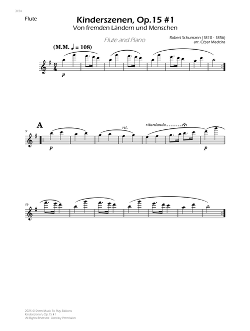 Kinderszenen, Op.15 No.1 - Flute and Piano (Individual Parts) (Arr. César Madeira) - Robert Schumann (Flute and Piano)
