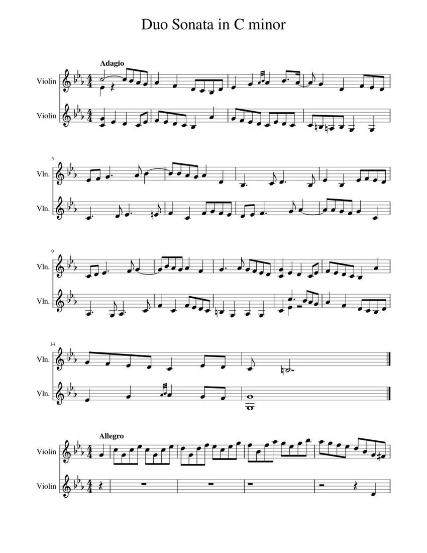 Duo Sonata for Two Violins in C minor Sheet Music for Violin (String ...