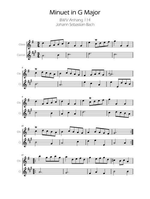 Minuet in G major BWV Anh. 114 - Bach - Oboe and Clarinet (Arr. Ygor Nunes) - Johann Sebastian Bach (Instrumental Duet)