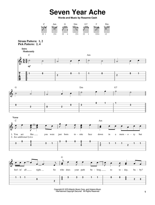 Seven Year Ache - Rosanne Cash (Easy Guitar with TAB)