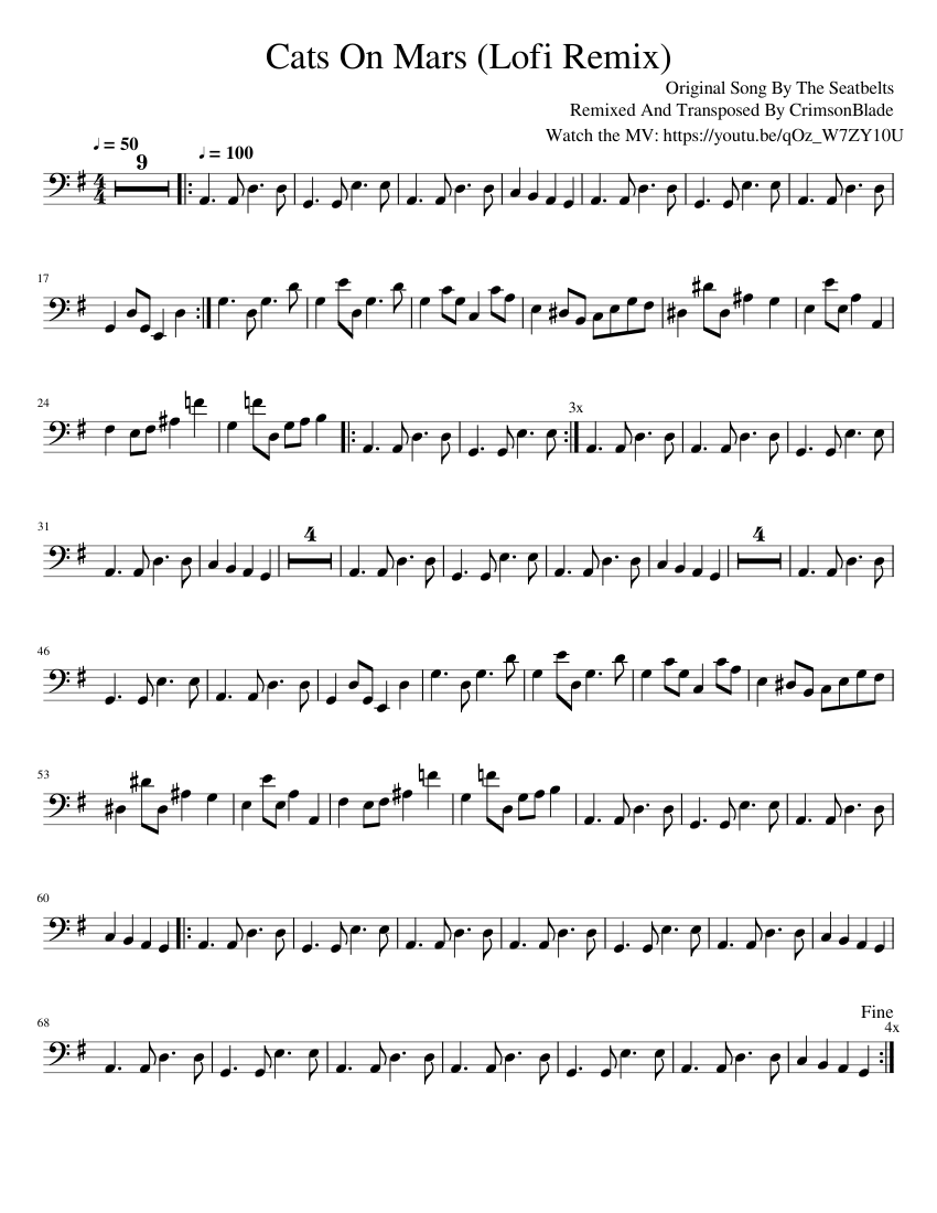 Cats On Mars (CrimsonBlade Lofi Remix) Bass Transcription Sheet Music for  Bass guitar (Solo) | MuseScore.com, image size:850x1100